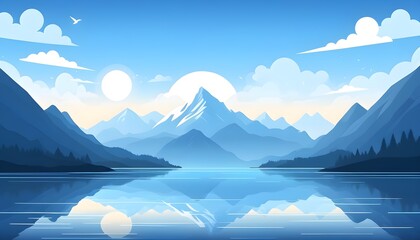 Sticker - Stunning flat design illustration of a scenic mountain sunrise perfect for promotional materials