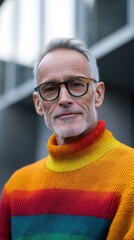 Eclectic style of trendy older man in colorful sweater for fashion inspiration print