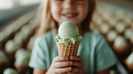 a vibrant scene of a child presenting a mint ice cream cone, with a backdrop of stacked cones creati