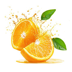 Wall Mural - Fresh orange slices with splash and leaves