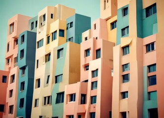 Fototapete - A collection of modern, multi-story buildings with a unique, geometric design in pastel colors, set against a clear blue sky