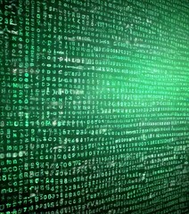 Leinwandbilder - a close-up view computer screen displaying a dense array of green and black characters, resembling a digital data table or a complex code