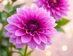 Poster - A close-up photograph vibrant pink dahlia flower in full bloom, with a blurred background of additional flowers and green foliage