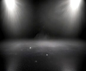 Poster - A dramatic black and white stage with spotlights shining down on a reflective surface, creating a sense of depth and movement