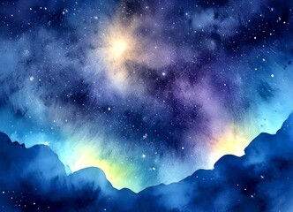 Aufkleber - a starry night sky with a vibrant gradient of colors, including blue, purple, and yellow, and a silhouette of mountains in the foreground