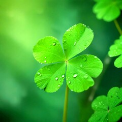Poster - A close-up four-leaf clover with water droplets on its green leaves, set against a blurred green background