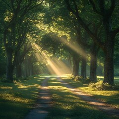 Sticker - Sunlit Forest Trail Winding Through Lush Woodland Landscape