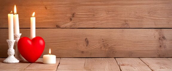Fototapete - Three white candles stand on a wooden surface, accompanied by a red heart-shaped candle and a white candle, creating a romantic and intimate atmosphere