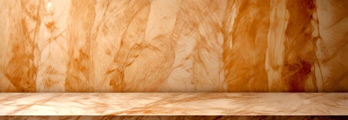 Poster - A marble surface with a subtle pattern of light and dark brown marble, set against a light beige marble wall