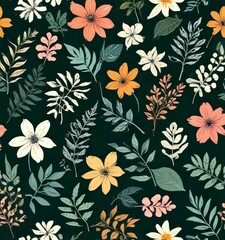 Poster - A repeating pattern of various flowers and leaves in different shades of green, pink, yellow, and white against a dark green background