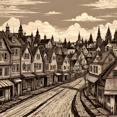 Poster - A detailed illustration quaint European town, featuring a winding street lined with old wooden houses, church spires, and a cloudy sky