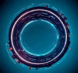 Poster - a futuristic, circular interface with a dark blue background and a glowing, neon-like border The interface features a series of interconnected lines