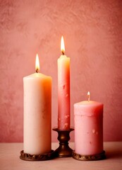 Fototapete - Three candles in different shades of pink are lit, casting a warm glow against a pink textured wall