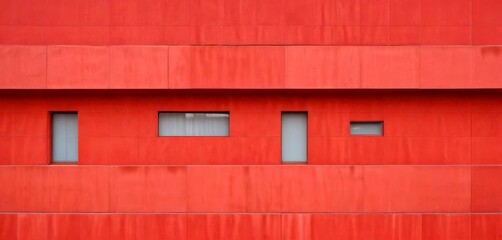 Leinwandbilder - a red building with three rectangular windows, each with a white curtain, arranged in a horizontal line
