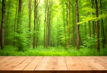 Poster - A wooden table sits in the foreground, with a lush, verdant forest in the background, creating a serene and tranquil atmosphere