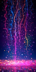 Leinwandbilder - a vibrant, abstract scene of colorful, flowing lines and particles against a dark background, creating a sense of movement and energy
