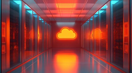 Sticker - a cloud computing data center with glowing cloud logo in the middle of a hallway.