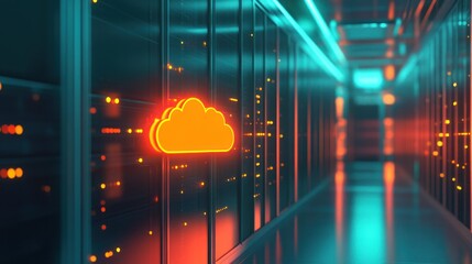 Sticker - neon cloud icon on server racks in a data center.