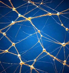 Poster - a complex network of interconnected golden spheres, resembling a web or a network of interconnected nodes, set against a dark blue background