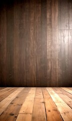 Poster - A dark wooden wall with vertical planks and a wooden floor in the foreground