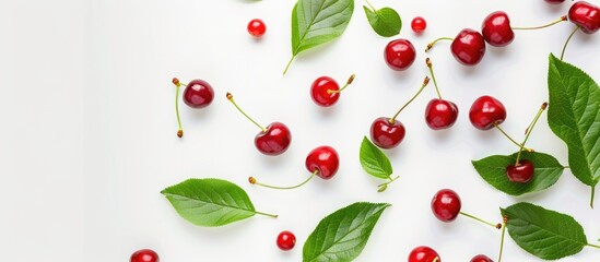 Wall Mural - Group Of Sweet Cherries With Green Leaves On A White Background Isolated The View From Top