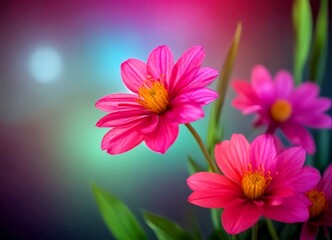 Poster - A close-up of three pink daisy-like flowers with yellow centers, set against a blurred purple and green background
