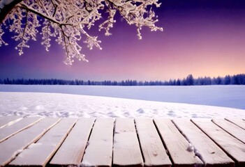 Poster - A serene winter landscape features a snow-covered wooden deck with a tree branch in the foreground, and a calm lake with a line of trees in the distance under a purple and