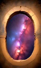 Aufkleber - A circular window frames a breathtaking view of the Milky Way galaxy, with vibrant hues of blue, pink, and orange swirling across the night sky