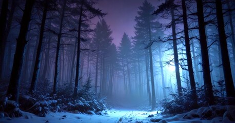 Poster - A moonlit forest path winds through a dense, snow-covered woodland, with tall trees and a purple sky overhead
