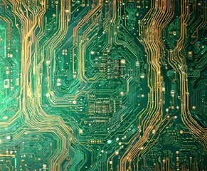 Fototapete - a detailed view green circuit board with intricate gold and black lines and patterns, creating a complex and visually striking pattern