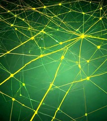 Leinwandbilder - a complex network of interconnected yellow lines and dots, creating a visually striking abstract pattern against a dark green background