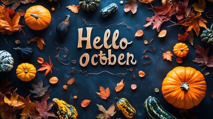 Autumnal flat lay with pumpkins, gourds, and fall leaves surrounding the words 