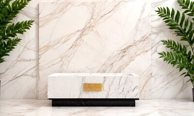 Poster - A modern bathroom features a white marble bathtub with a gold-colored accent, set against a backdrop marble wall with a plant on either side
