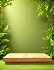 Poster - A wooden platform rests on a lush green lawn, framed by a vibrant backdrop of verdant foliage