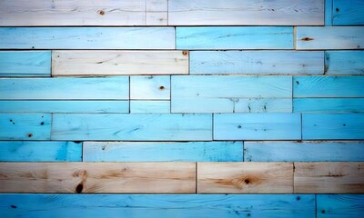 Fototapete - A close-up wooden wall composed of light blue and white planks arranged in a grid-like pattern