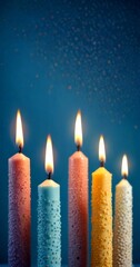 Fototapete - Five colorful candles in various shades of pink, blue, yellow, and white are lit against a dark blue background with a speckled pattern