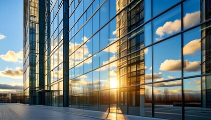 Sticker - Modern business center with reflective glass facades, showcasing high-rise structures against a backdrop of clouds and sunlight in an empty urban landscape