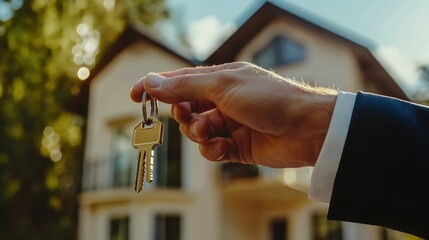 Man's hand holding house keys in front of a home.