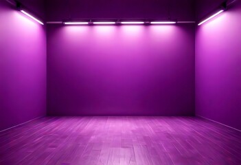Poster - a dimly lit room with purple walls and a wooden floor, featuring a track lighting system with four lights evenly spaced along the ceiling