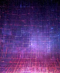 Poster - a dark, abstract background with a grid-like pattern of red and blue lines, creating a sense of depth and dimensionality