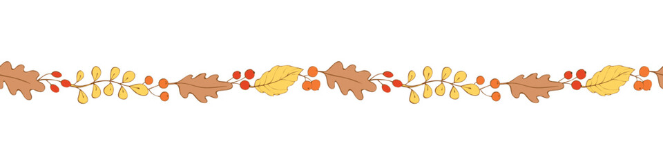 Wall Mural - Vector edging, ribbon, border from colorful autumn leaves, berries. Nature, autumn, summer seamless pattern, ornament, decorative element, decoration in doodle flat style