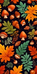 Poster - a vibrant and detailed pattern of autumn leaves and mushrooms against a dark background