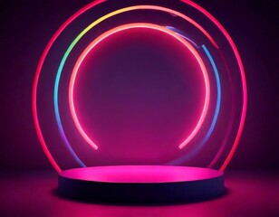 Poster - A circular platform with a black base and a glowing pink and purple ring encircling it, set against a dark purple background