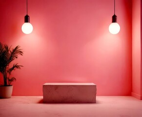 Leinwandbilder - A minimalist room with a pink wall, two hanging light bulbs, a plant, and a rectangular concrete block
