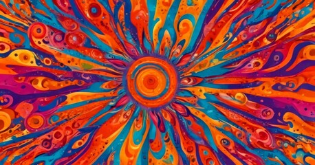 Poster - a vibrant, abstract digital artwork featuring a sun-like shape with a central orange circle surrounded by radiating lines in various shades of blue, purple,