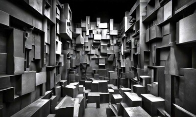 Leinwandbilder - a dark, monochromatic room filled with numerous black cubes arranged in a complex, geometric pattern The cubes are stacked on top of each other, creating a sense of depth