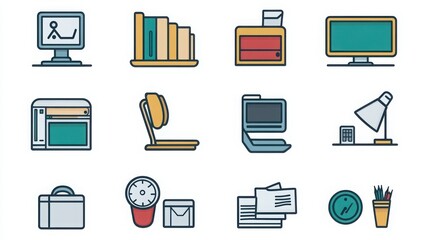 Wall Mural - Office thin line icon set. such as office chair, desk, computer, printer, telephone, filing cabinet, notepad, clipboard