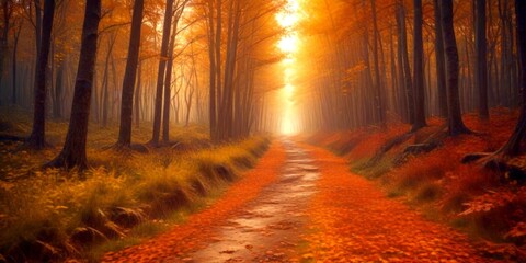 Poster - A tranquil autumn forest scene with a winding dirt path leading through a grove of tall trees, their leaves a vibrant mix of orange and yellow