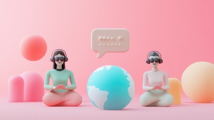 Two people with headphones, using phones and chatting online, sitting on a pink background with a globe in between.