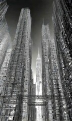 Poster - a dense, towering cityscape with skyscrapers and buildings reaching towards the sky, creating a sense of depth and perspective